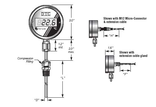 DTG03 Digital Temperature Gauge and RTD Sensor  Probe, Compression Mount Details