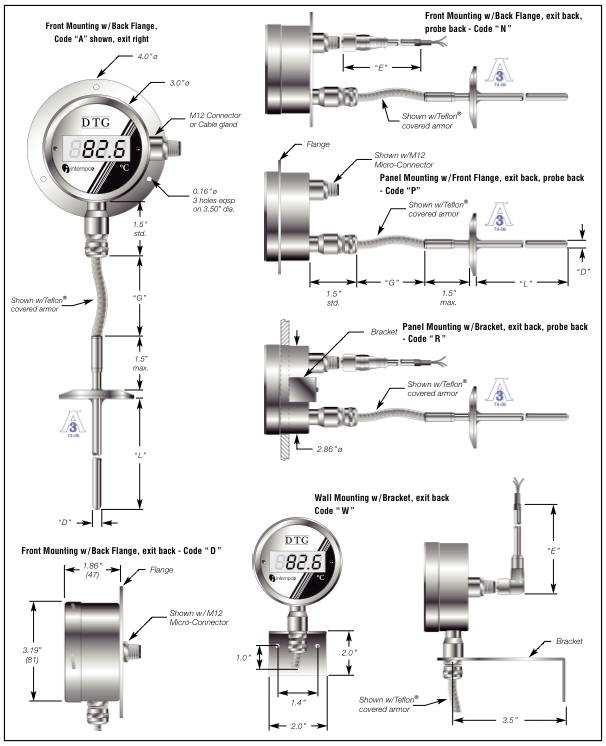 DTG42 Sanitary Digital Temperature Gauge Flexible Remote RTD probe Details