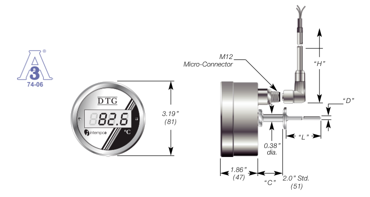 LCD Digital Temperature Indicator, Battery Powered,  RTD Sensor Probe, Sanitary Fitting Details