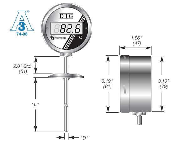 LCD Digital Temperature Indicator, Battery Powered,  RTD Sensor Probe, Sanitary Fitting Details