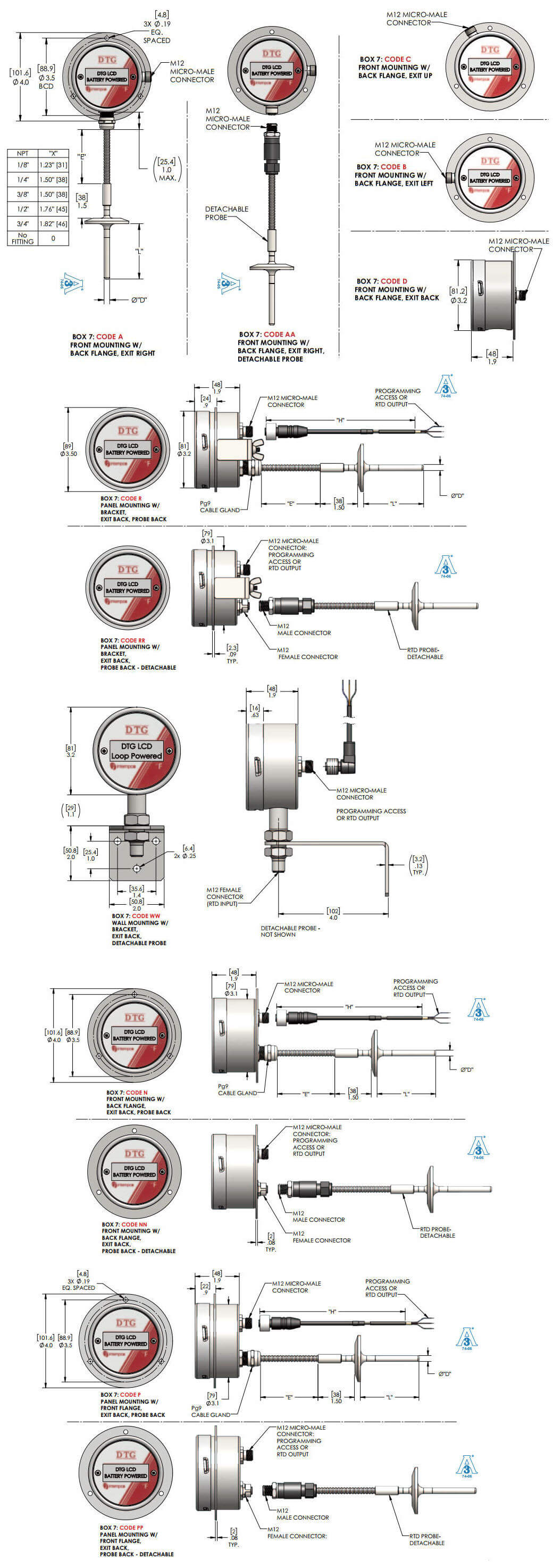 LCD Digital Temperature Indicator, Battery ,  RTD Remote Sensor Probe, Sanitary Fitting Details