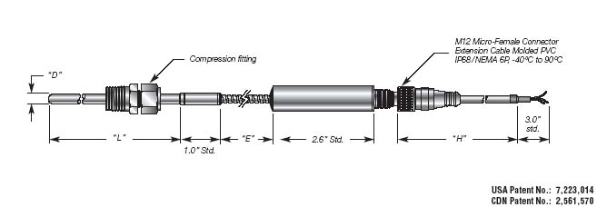 RTD Temperature probe Transmitter w/ Remote Probe, Adjustable Fitting w/ M12 Connector Details