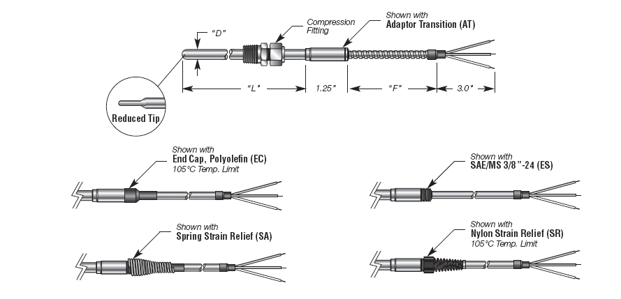Capsule RTD with Transition w/ Extension Cable and Adjustable Compression Fitting Details
