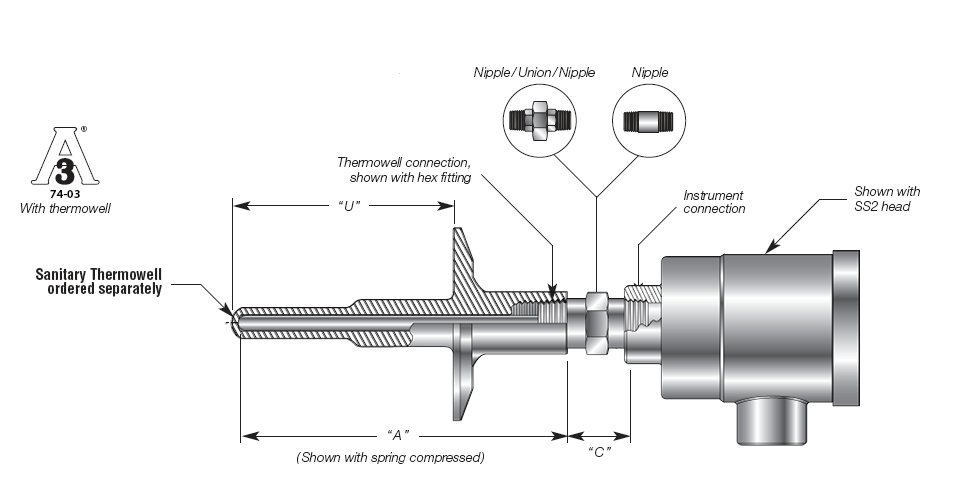 Sanitary RTD w/ Connection Head - Spring Loaded Probe for Sanitary Thermowell Details